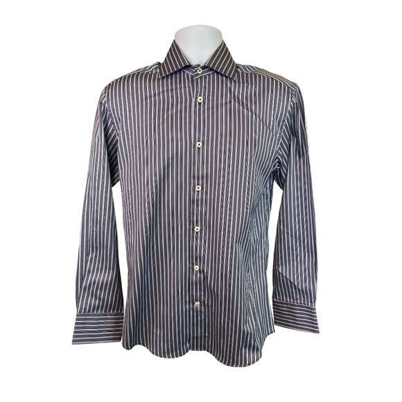 Bugatchi Uomo Dress Shirt 15 32/33 Navy White Stripe Button Up  Preppy Corpcore - Picture 1 of 8